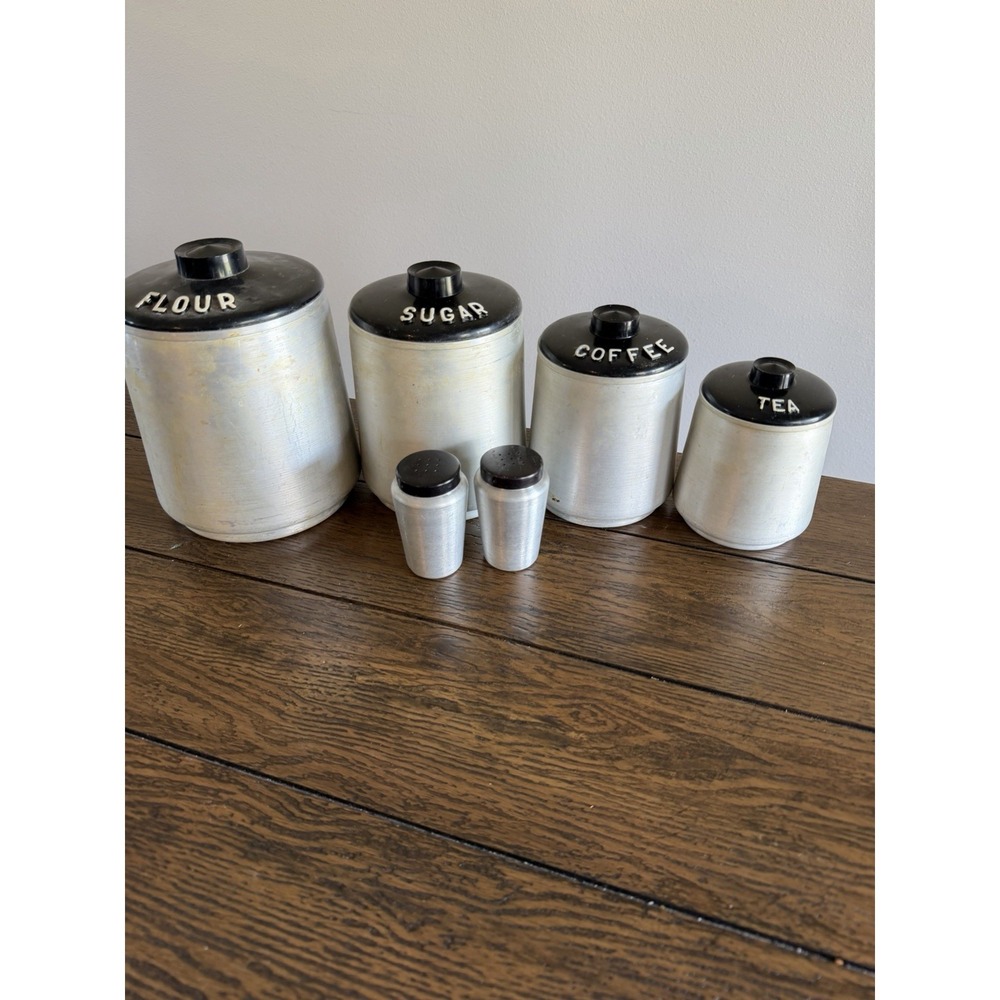 Vintage Aluminum Canister Set With Salt Pepper Shaker 1950s MCM Retro 6pc Silver
